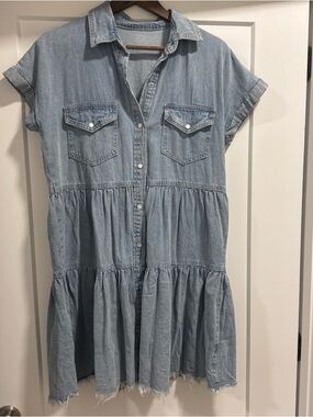 Light Blue Denim Shirt Dress with Front Buttons & Pockets